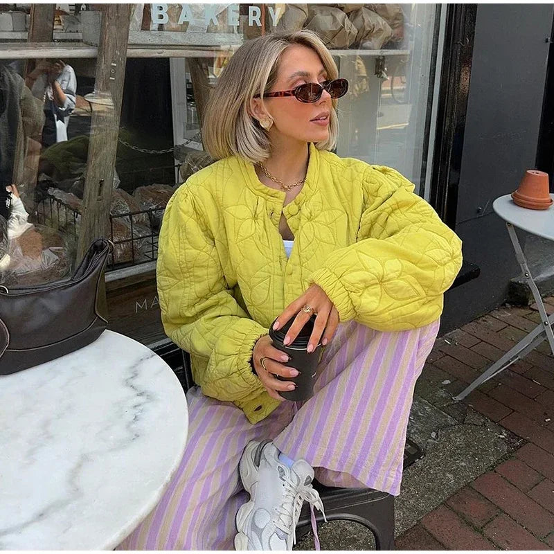 Casual Solid Printed Padded Women Jacket O-neck Full Sleeves Lady Coat 2024 Fashion Autumn Covered Button Female Loose Outwear-belleandkai.com