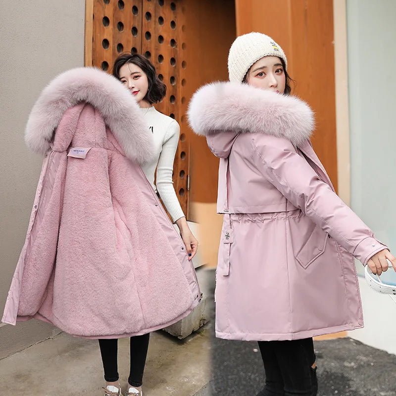 Women Parka Fashion Long Coat Wool Liner Hooded Parkas 2023 New Winter Jacket Slim with Fur Collar Warm Snow Wear Padded Clothes-belleandkai.com