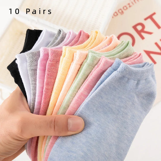 10 Pairs of Colored Cotton WOMEN'S Short Socks, Ankle Breathable Mesh Sports Socks, Summer Casual Solid Color Boat Socks-belleandkai.com