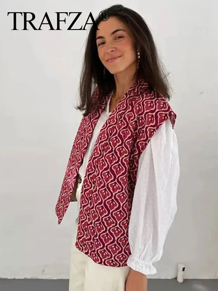 TRAFZA Women Fashion Print Vest Quilted Sleeveless Loose Open Stitch Cardigan Coat Female Chic Casual Street Woman Waistcoat Top-belleandkai.com