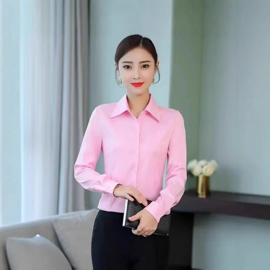 Slim Fit Workwear Shirt Women's Formal Long Sleeve Blue White Spring Summer Autumn Office Uniform Polo Collar Button Decoration-belleandkai.com