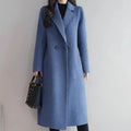 2024 Autumn Winter Women Vintage Coffee Blue Mid-Long Coat Jackets Female Concise Korean Style Loose Outside Thermal Woolen Coat-belleandkai.com