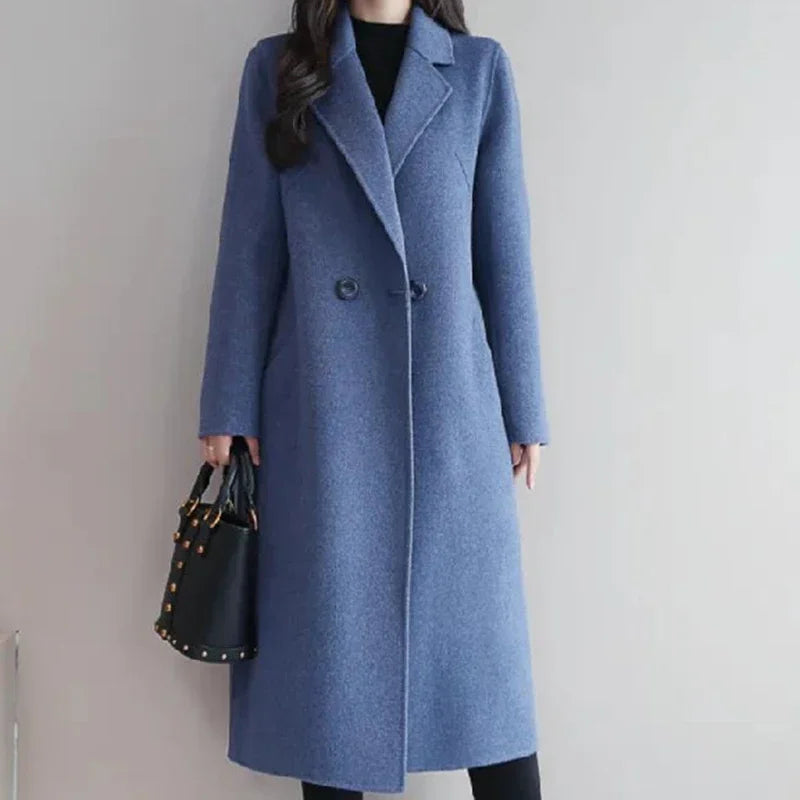 2024 Autumn Winter Women Vintage Coffee Blue Mid-Long Coat Jackets Female Concise Korean Style Loose Outside Thermal Woolen Coat-belleandkai.com