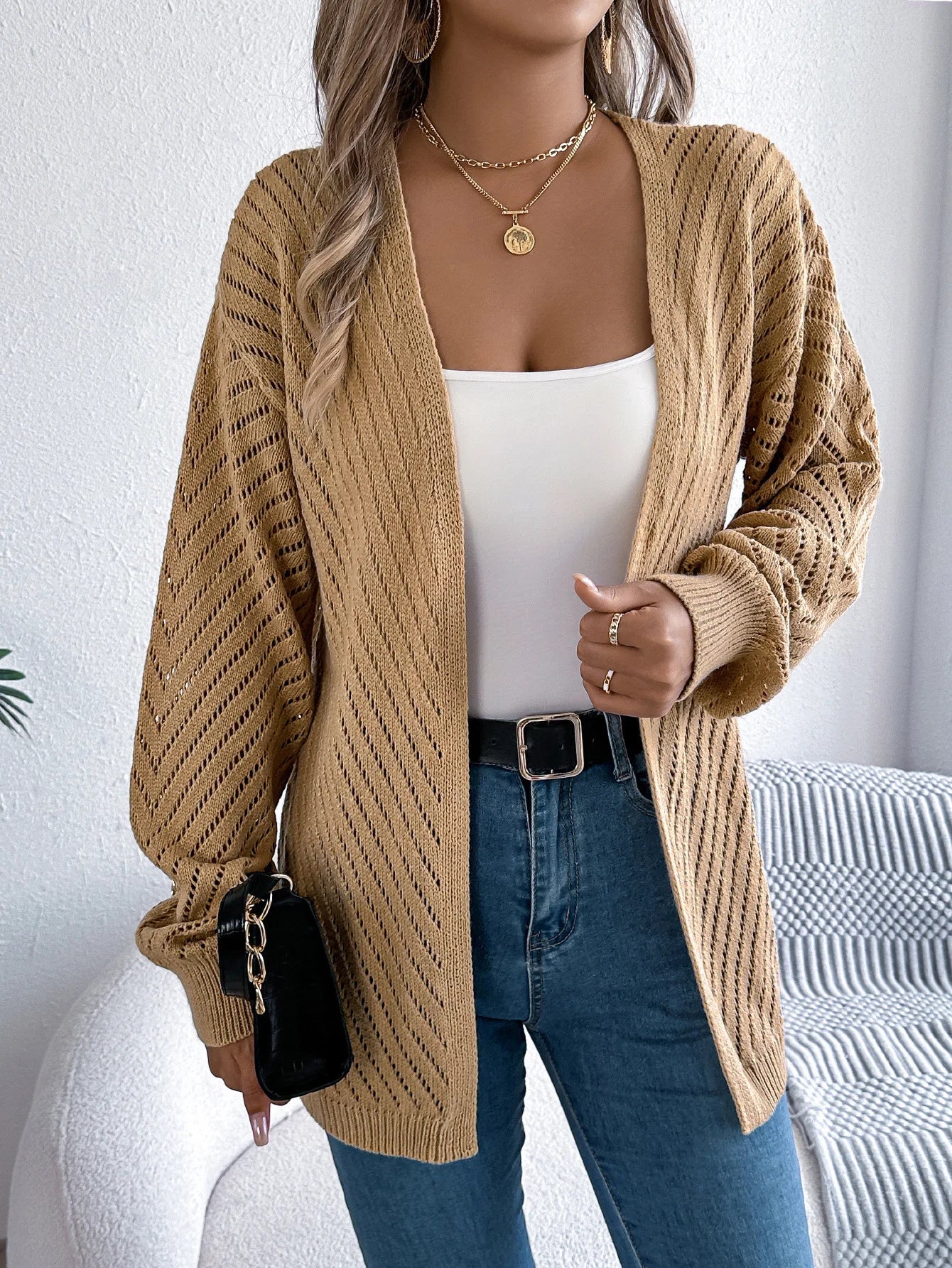 VigoCasey 2025 Autumn Winter Female Solid Sweater Cardigan Women Long Sleeve Cardigan Lady Hollow Loose Knitted Coat Outwears-belleandkai.com