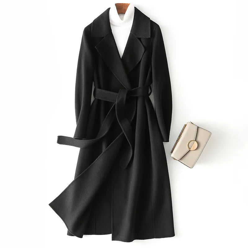 2025 Autumn 100% Wool Coats With Belt Fashion Open Stitch Elegant Woolen Cashmere Coat Veste Femme Tops-belleandkai.com