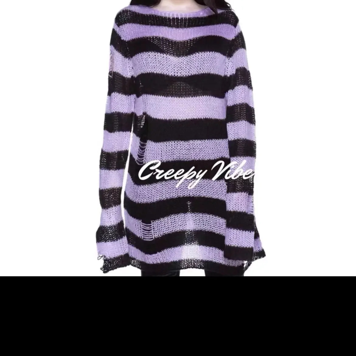 New Streetwear Top Punk Gothic Long Unisex Sweater Summer Women Striped Cool Hollow Out Hole Broken Jumper Loose Rock Thin Dark-belleandkai.com