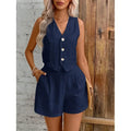 New Arrival Linen Summer Casual Commute Front Button Vest And Shorts Set V Neck Vest Autumn Clothing Women's Fashion Outfit-belleandkai.com