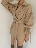 REALEFT 2023 New Autumn Winter Khaki Minimalist Women's Trench Coat Sashes Windbreaker Loose Flare Sleeve Double Breasted Trench-belleandkai.com