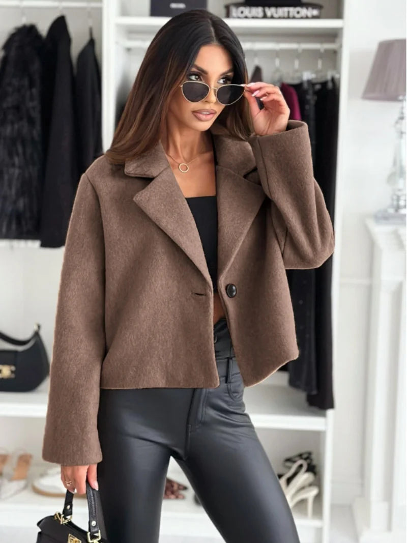2024 autumn and winter fashion versatile suit collar solid colour short tweed jacket women-belleandkai.com