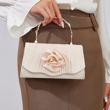 New apricot pleated satin handbag with flower and gold handle luxury handbags for banquets and party chains evening clutch purse-belleandkai.com