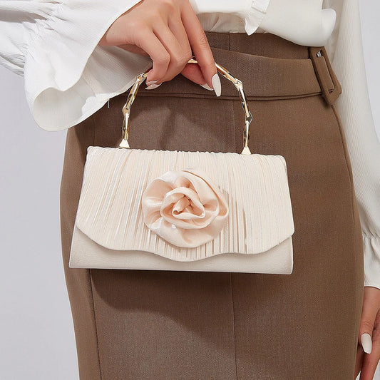 New apricot pleated satin handbag with flower and gold handle luxury handbags for banquets and party chains evening clutch purse-belleandkai.com