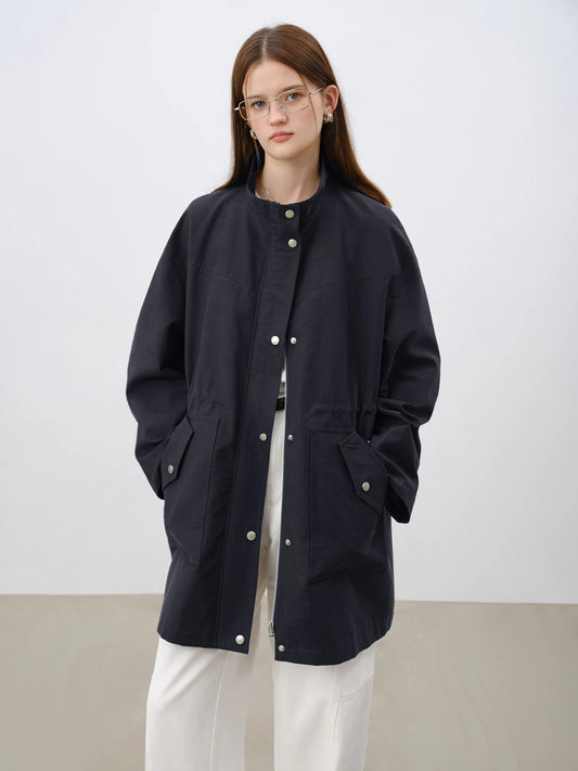 ZIQIAO Petite Size Versatile Casual Long Windbreaker for Women 2025 Spring New Barn Style Green Coat Trench 25ZQ91099-belleandkai.com