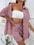 2024 Summer Fashion Sports Casual Cotton Linen Two Piece Set for Women's Single Breasted Shirt Elastic Waist Short Two Piece Set-belleandkai.com
