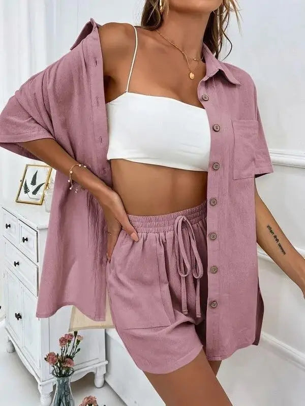 2024 Summer Fashion Sports Casual Cotton Linen Two Piece Set for Women's Single Breasted Shirt Elastic Waist Short Two Piece Set-belleandkai.com