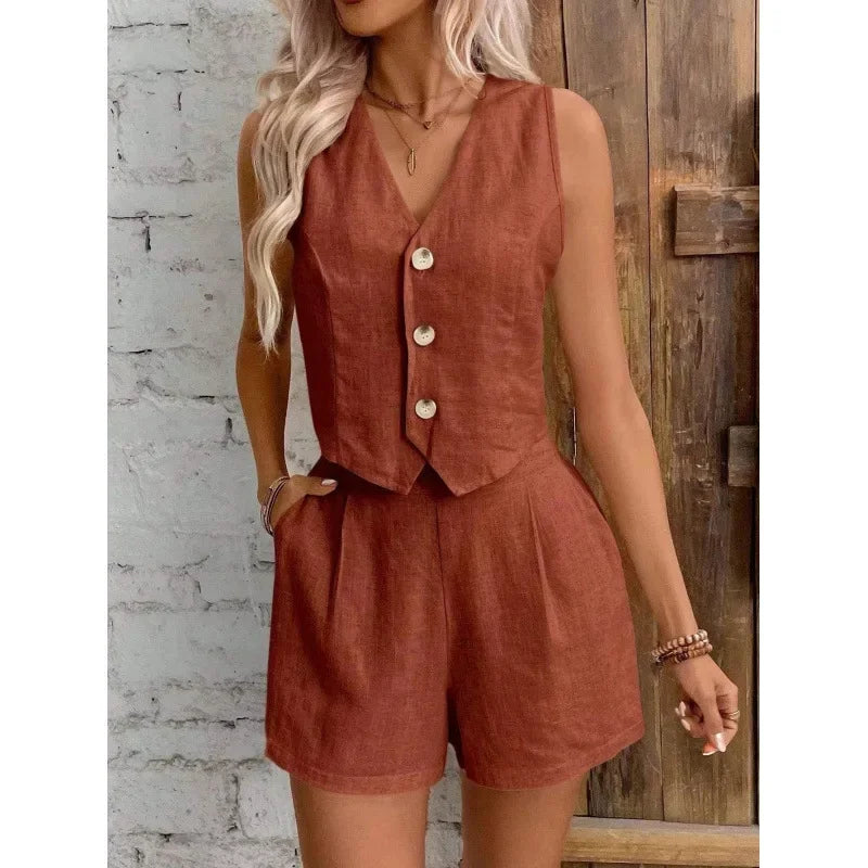 New Arrival Linen Summer Casual Commute Front Button Vest And Shorts Set V Neck Vest Autumn Clothing Women's Fashion Outfit-belleandkai.com