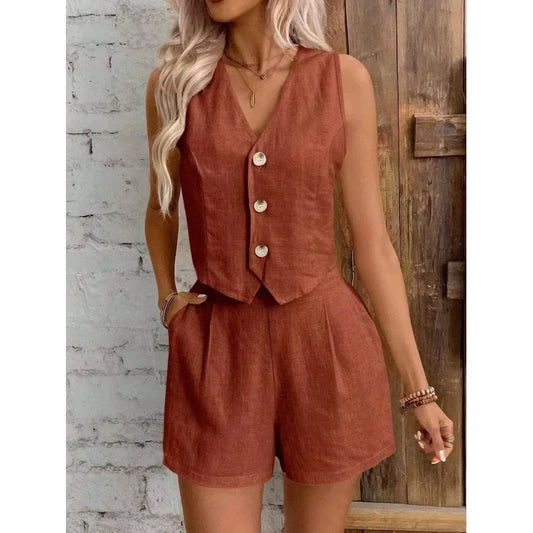 New Arrival Linen Summer Casual Commute Front Button Vest And Shorts Set V Neck Vest Autumn Clothing Women's Fashion Outfit-belleandkai.com