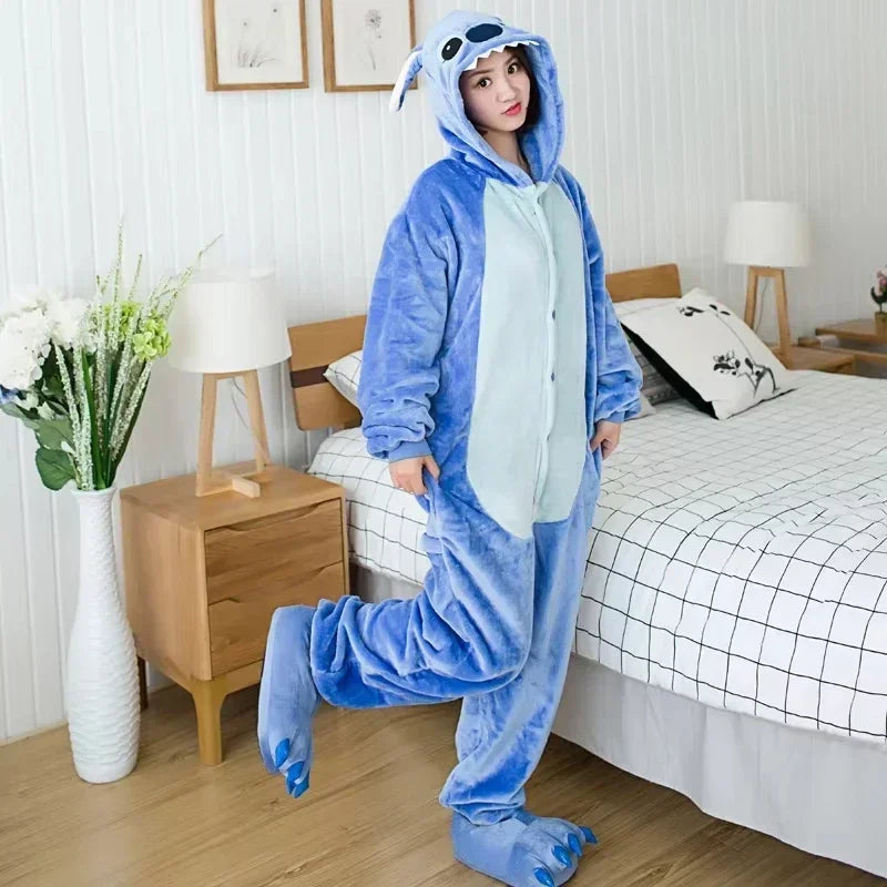 Disney Stitch Winter Adult Jumpsuit Men's and Women's Sleepwear Set Integrated Halloween Christmas Hooded Anime Jumpsuit-belleandkai.com