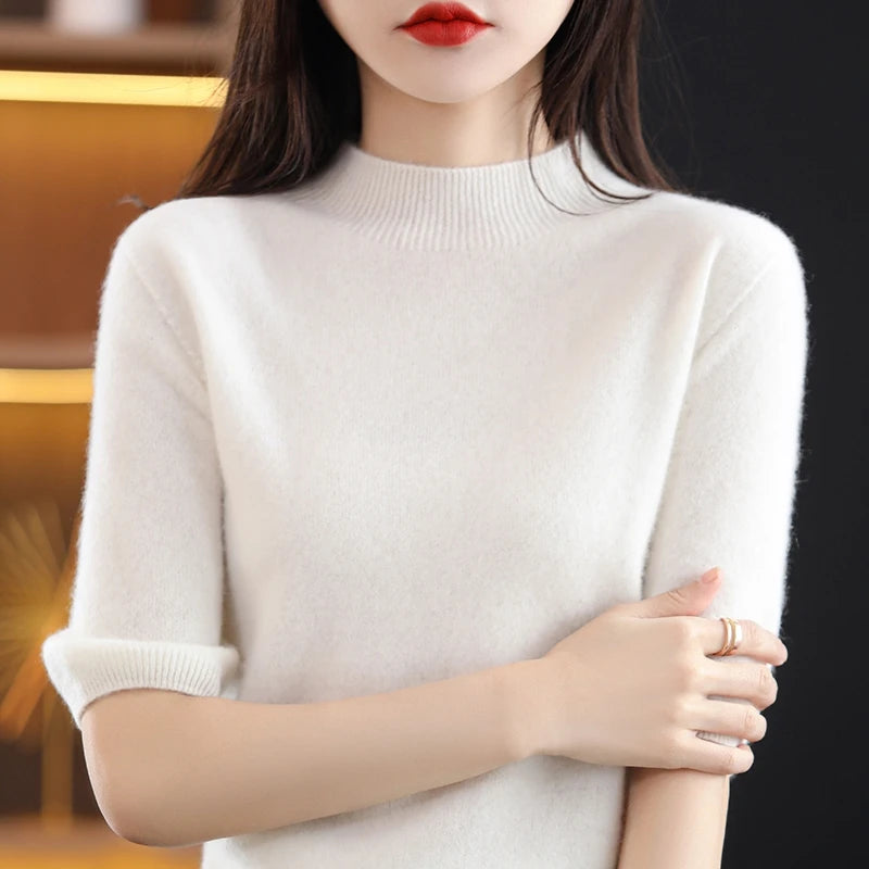 RONGYI Seamless Cashmere Sweater Knitted Women's Clothing 100% Pure Wool Short-Sleeved 2022 Spring Five-Quarter Sleeve  Pullover-belleandkai.com