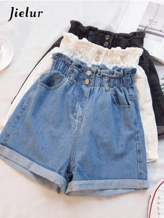Jielur Summer Black Women Denim Shorts Women S-5XL Harem Ruffled White Blue High Waisted Shorts Female Elastic Short Jeans-belleandkai.com