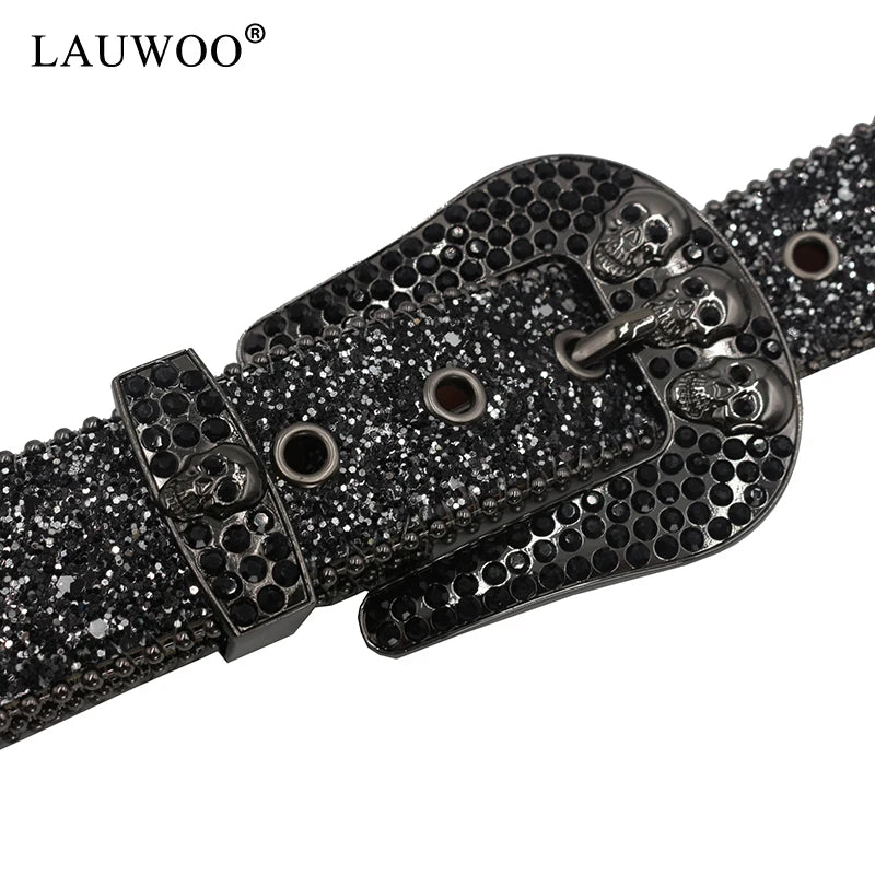 Skull Rhinestone Belts For Women Men Y2K Leather Strap Crystal Studded Western Cowgirl Cowboy Diamond Bling Bling Belt-belleandkai.com