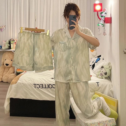 3 Pieces Set Night Wears for Women Summer New Short Sleeve Casual Striped Faux Silk Pijamas Set for Women Luxury Pyjamas Set-belleandkai.com