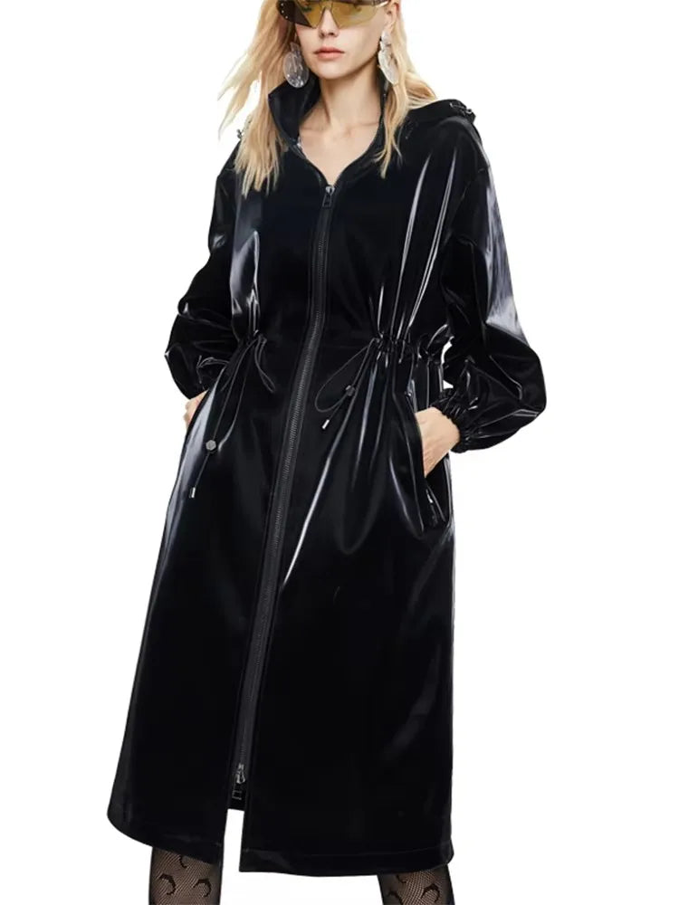 Mauroicardi Spring Waterproof Shiny Reflective Black Hard Patent Faux Leather Coat Women with Detachable Hood Zip Up Streetwear-belleandkai.com
