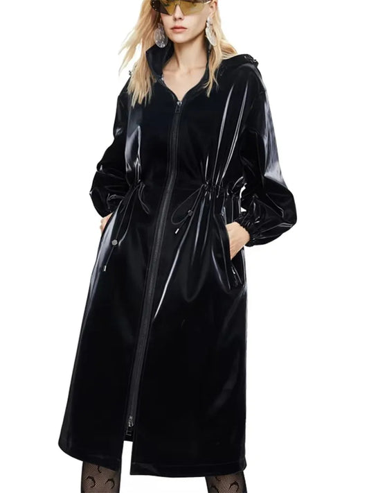 Mauroicardi Spring Waterproof Shiny Reflective Black Hard Patent Faux Leather Coat Women with Detachable Hood Zip Up Streetwear-belleandkai.com