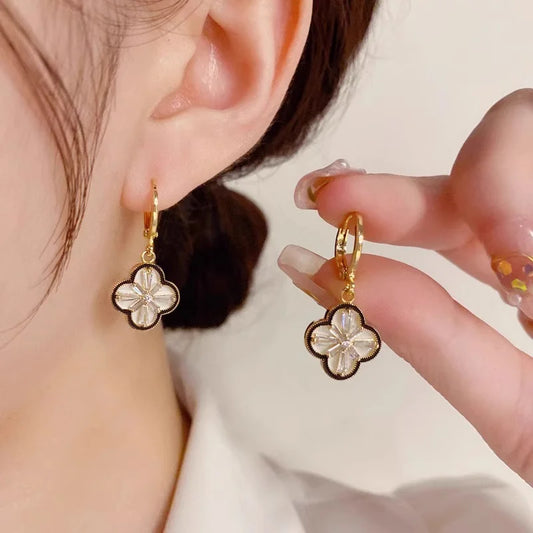 EVISPOL Clover Premium Dangle Hoop Eearring for Women Popular French Small Flower Stud Earrings Flora Pendant Earrings-belleandkai.com