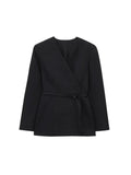 TRZA Women's Chic V-Neck Blazer Coat with Belt Long Sleeve Snap-Button Fashion Outerwear Top-belleandkai.com
