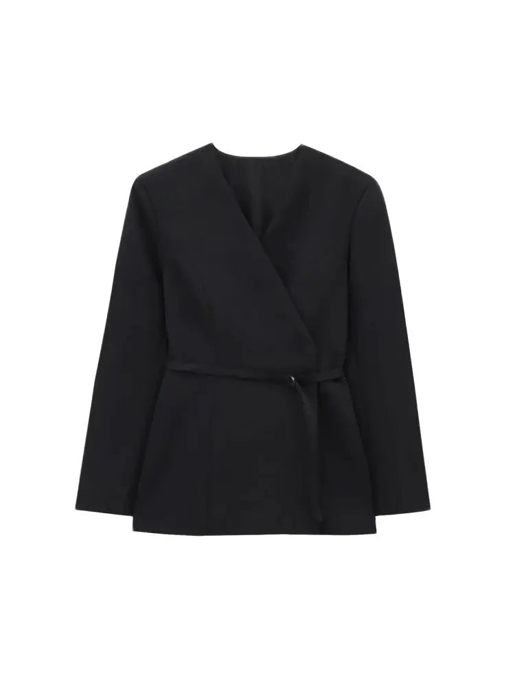TRZA Women's Chic V-Neck Blazer Coat with Belt Long Sleeve Snap-Button Fashion Outerwear Top-belleandkai.com