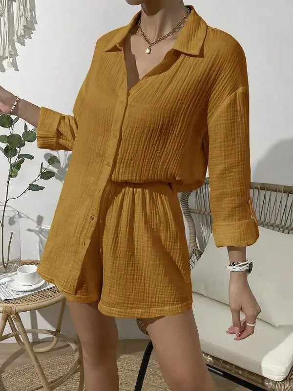 100% Cotton Gauze Muslin Sets For Women 2 Pieces Long Sleeve Shirts And Loose High Waist Mini Shorts Sets Ensemble Femme-belleandkai.com