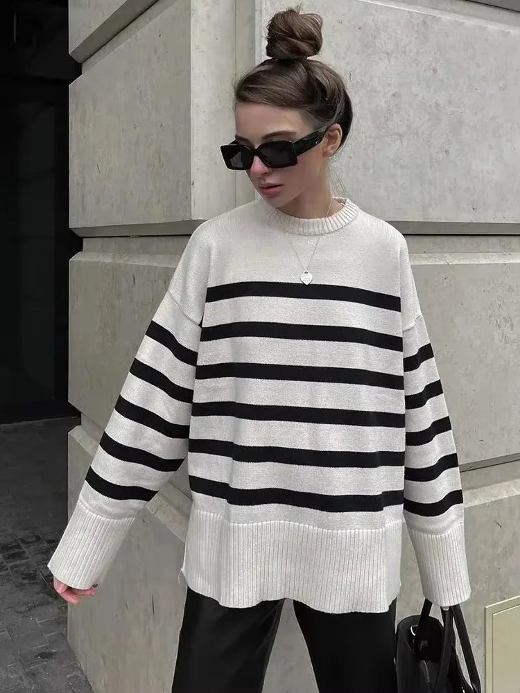 TRZA Fashion Oversized Striped Pullovers Women Knitted Basic Autumn Winter Loose-Fitting Thick Jumpers Sweaters Female Clothing-belleandkai.com