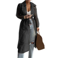Elegant Shirts Trench Coat for Women Fashion See Through  Lace Up Spring Solid Sheer Mesh Long Sleeve Buttoned Coat with Belt-belleandkai.com