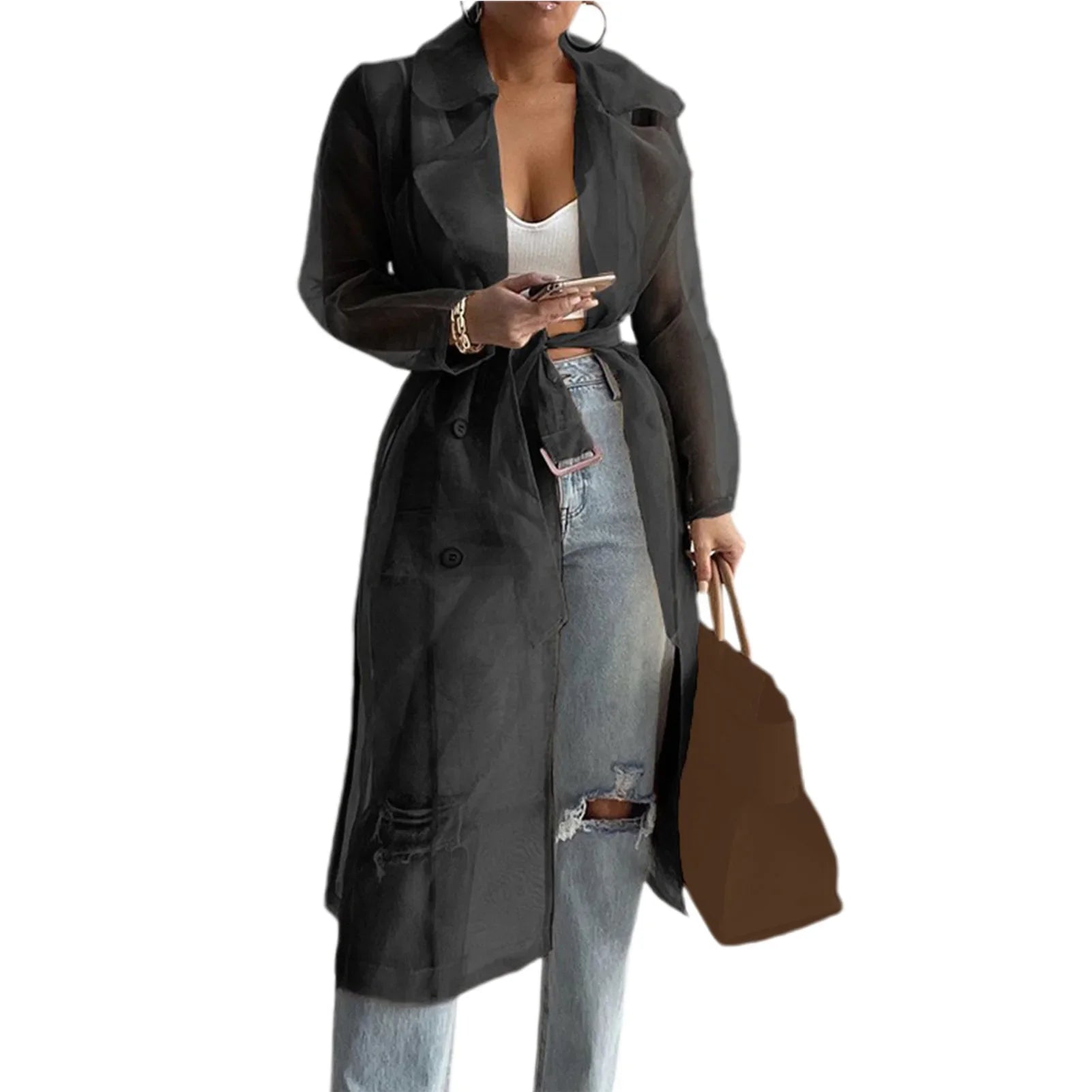 Elegant Shirts Trench Coat for Women Fashion See Through  Lace Up Spring Solid Sheer Mesh Long Sleeve Buttoned Coat with Belt-belleandkai.com