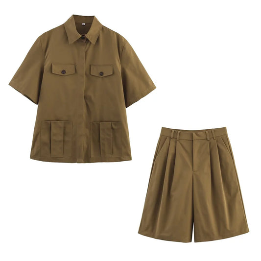 UNIZERA women's pocket embellished short sleeved lapel shirt pleated casual shorts spring/summer new casual women's clothing-belleandkai.com