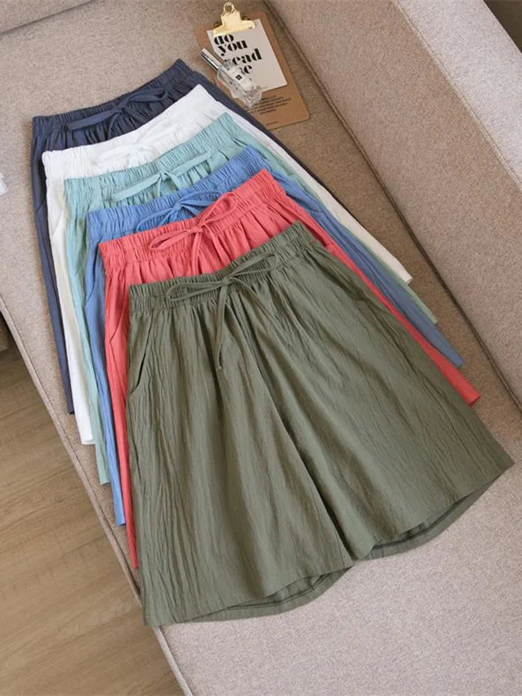 2024 Women Cotton Shorts,Summer Casual Solid Two Pockets shorts high waist loose shorts for girls Soft Cool female shorts-belleandkai.com