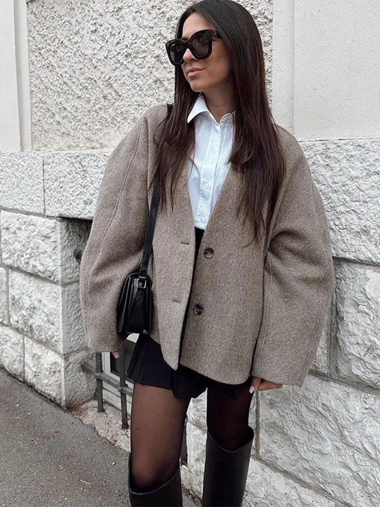 New Women's Coat Top Autumn Streetwear Fashion Button Long Sleeves Coat Solid Sexy V-Neck Casual Slim Versatile Female Clothing-belleandkai.com