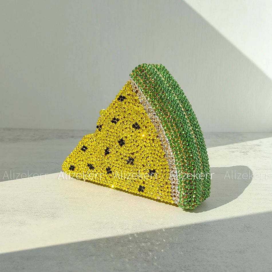 Alizekerr Pizza Shaped Diamond Evening Clutch Bags 2024 New Gorgeous Unique Metallic Watermelon Rhinestone Purses Wedding Party-belleandkai.com