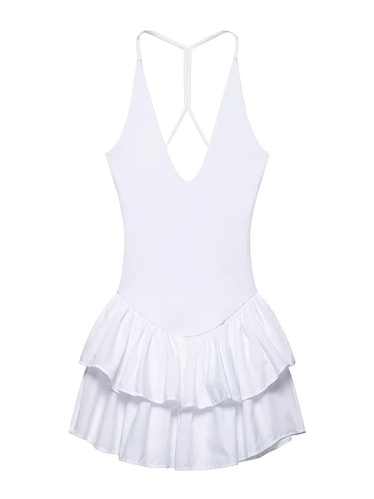 TRAF Women's Deep V-neck Sleeveless Sling Mini Dress Temperament Sexy Splicing Neck Short Backless Dress Elegant Women's Fashion-belleandkai.com
