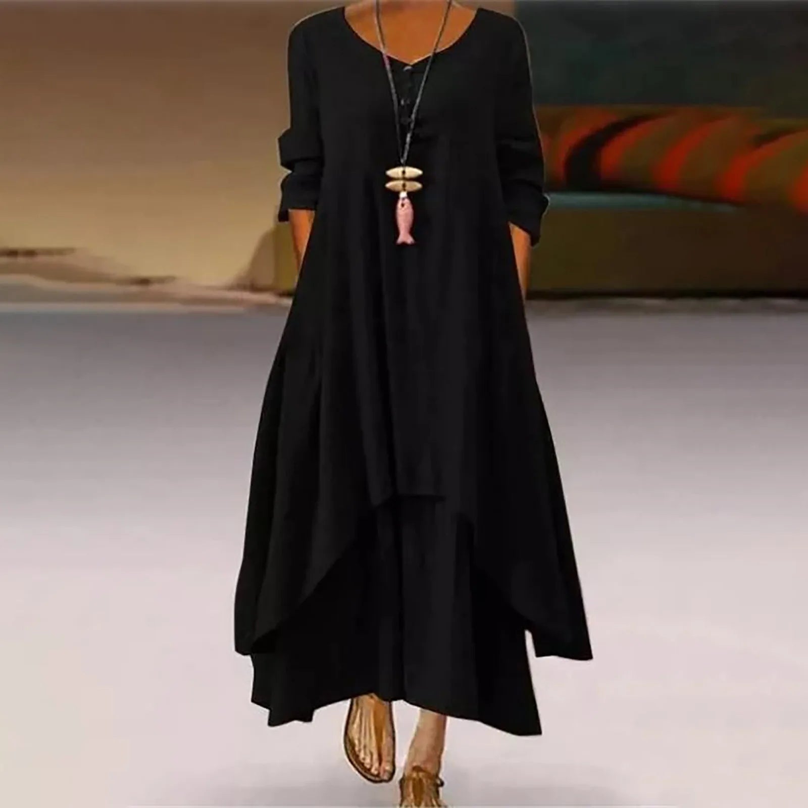 Cotton Women'S Casual Fashion Loose Long Dress With Button Solid Color Dresses-belleandkai.com