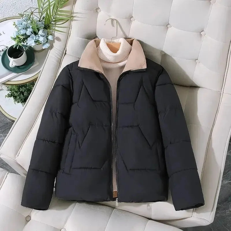 Women's Thickened Short Cotton Jacket 2025 Loose Fit Stand Collar Autumn Winter Fashion Outerwear Versatile Cotton Coat-belleandkai.com