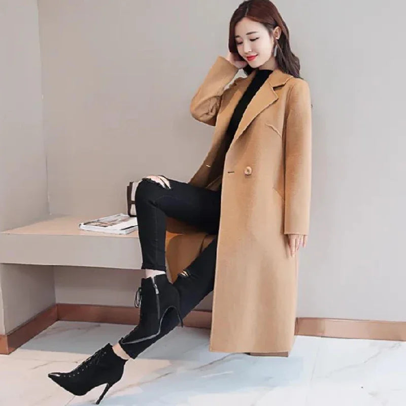 2024 Autumn Winter Women Vintage Coffee Blue Mid-Long Coat Jackets Female Concise Korean Style Loose Outside Thermal Woolen Coat-belleandkai.com