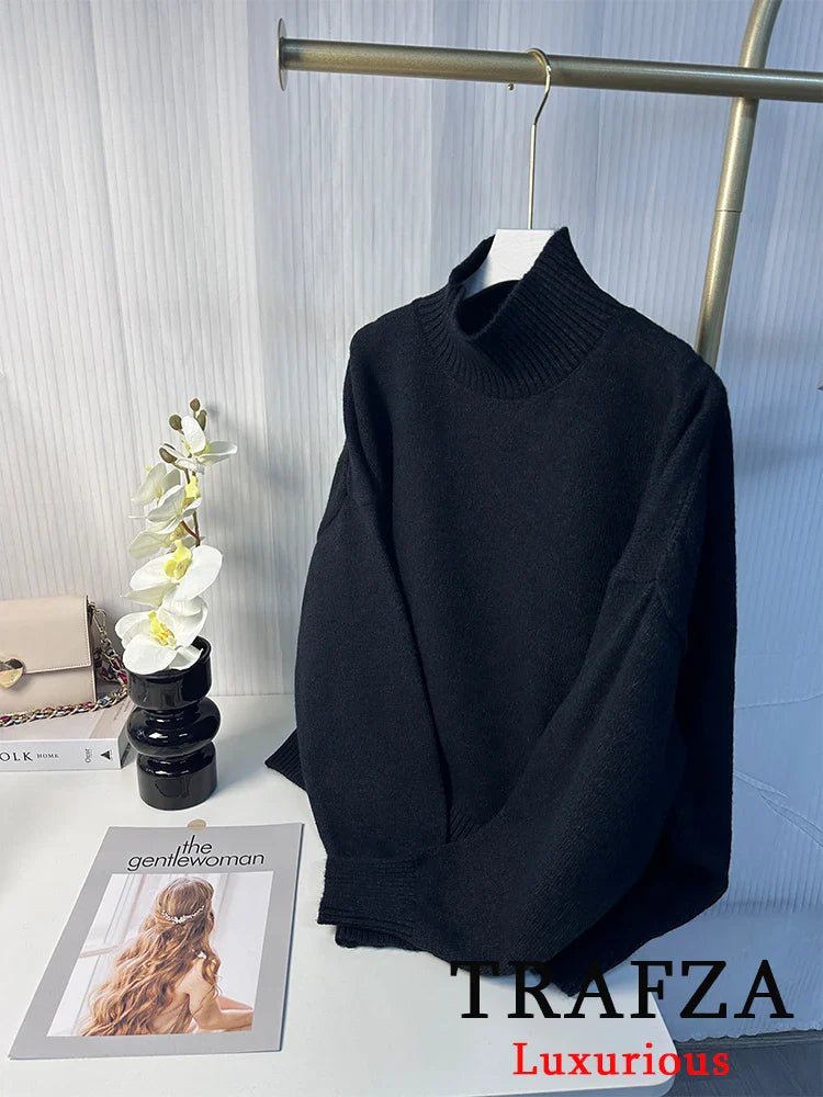TRAFZA Vintage Chic Women Sweater Solid O-Neck Long Sleeve Knitted Loose Sweater Fashion 2025 Spring Casual Oversized Sweater-belleandkai.com