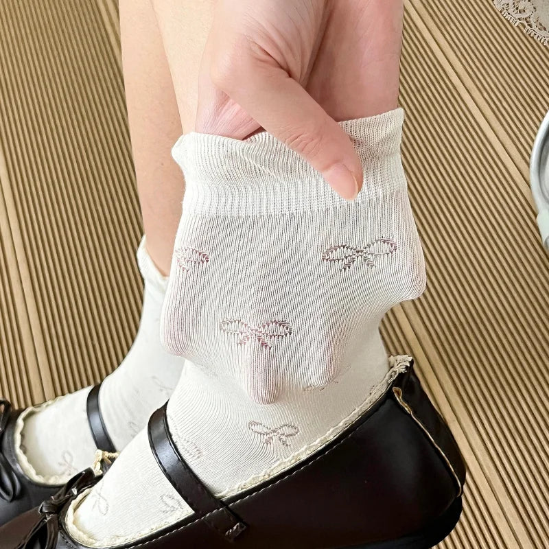 Women White Cream Lace Stackable Mid Calf Socks Bow Heart Star Design K-Style Spring Summer Thin Socks-belleandkai.com