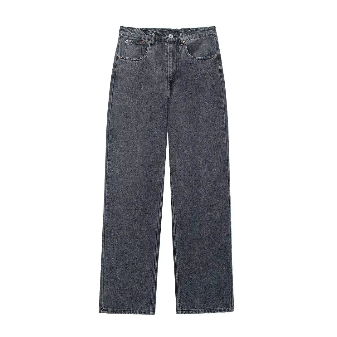 TRAFZA Jeans For Women 2024 Denim Solid Loose Zipper Fly Female Hole Trouser Pockets Wild Basic Commute Woman Wide Leg Long Pant-belleandkai.com
