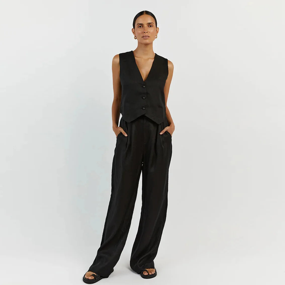2025 New Summer Two Piece Sets Fashion Women Single Breasted Sleeveless Vest Wide Leg Pant Suit Casual Solid Office Lady Outfits-belleandkai.com