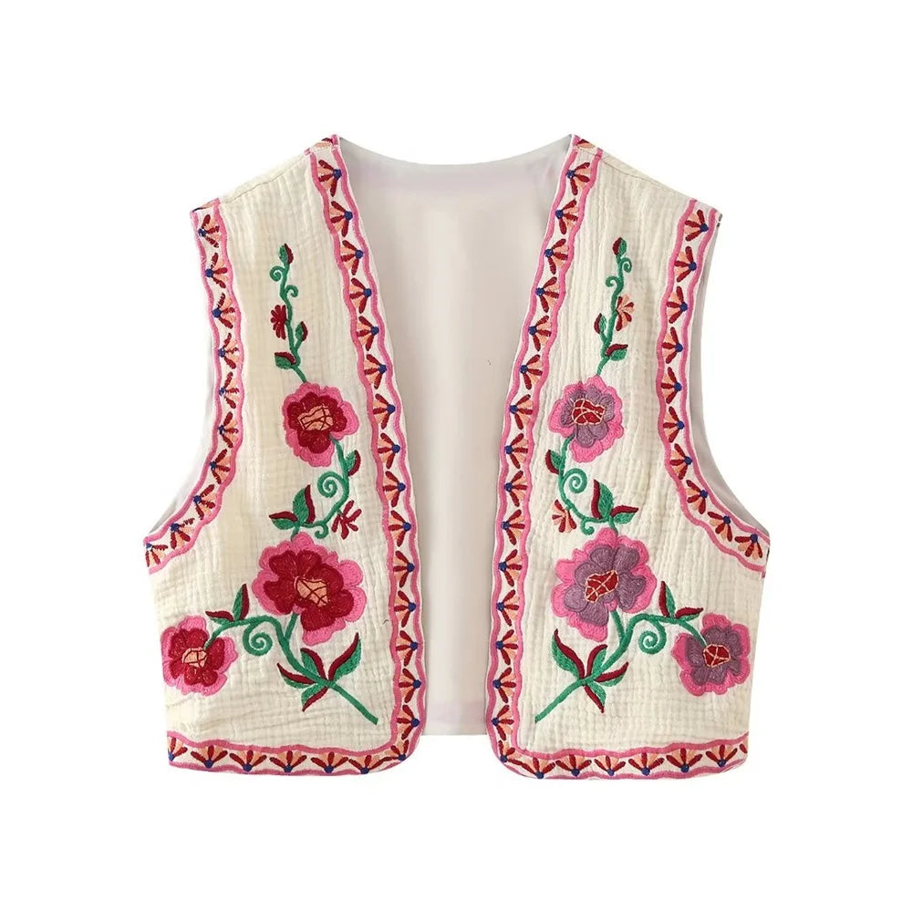 European and American Style 2024 Spring and Summer Women's New Fashionable and Versatile Round Neck Sleeveless Embroidered Vest-belleandkai.com