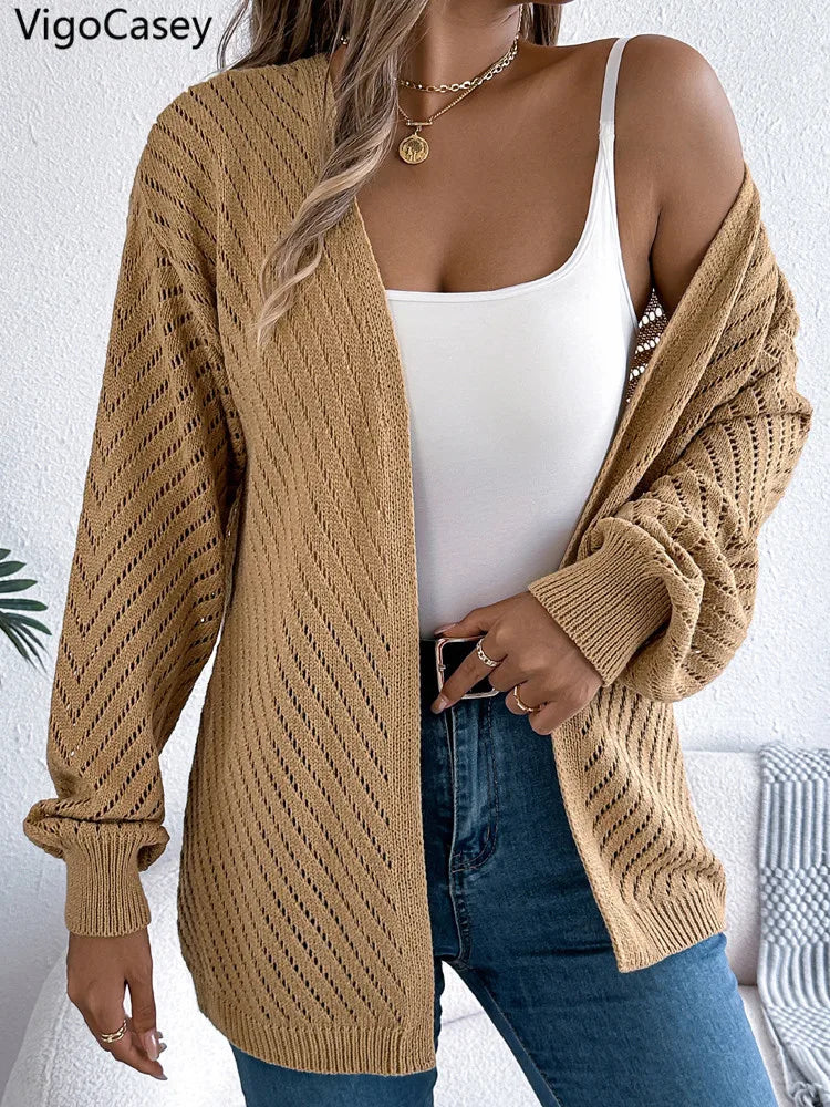 VigoCasey 2025 Autumn Winter Female Solid Sweater Cardigan Women Long Sleeve Cardigan Lady Hollow Loose Knitted Coat Outwears-belleandkai.com