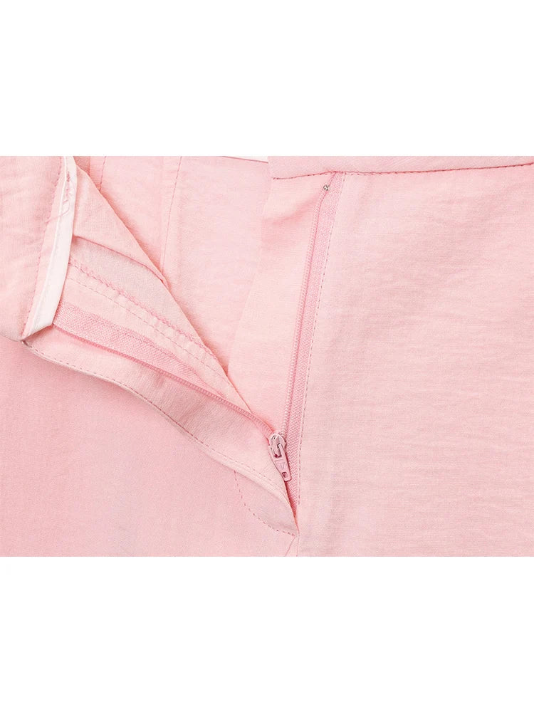 TFMLN Women Fashion Pant Two Pieces Sets Pink Slit Hem Short Tank Vest Straight Wide Leg Trousers Chic Office Lady Basic Outfits-belleandkai.com