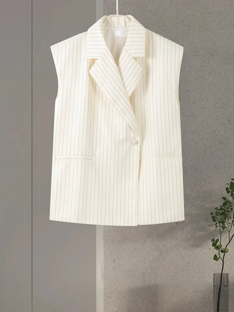 Fashion Women's Stripe Vest Trouser Suits Sleeveless Turn-Down Collar Lady Set 2025 Spring Summer Casual 2 Pieces Set Women-belleandkai.com
